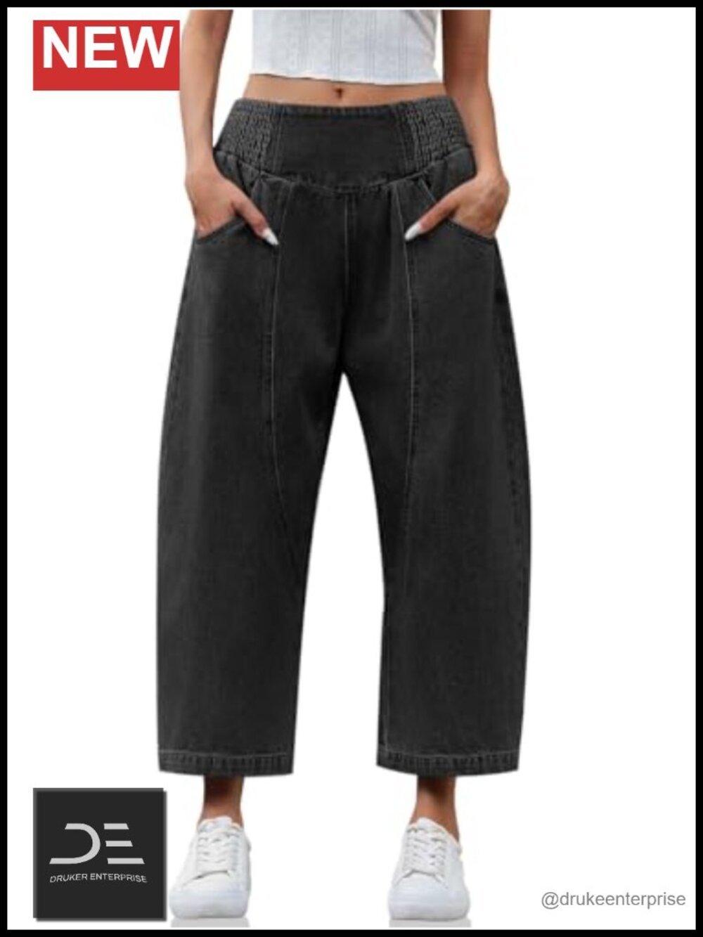 Wide Leg Cropped Jeans Baggy Boyfriend Smocked Mid Rise Harem Denim Pants